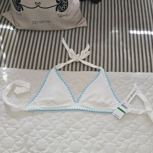 Lucky Brand White Triangle Bikini Top with Light Blue Trim